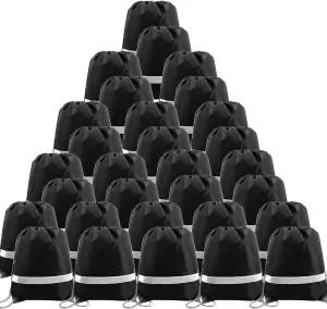 BeeGreen 30 Pieces Black Drawstring Backpacks Bulk Cinch Bags, Reflective String Backpacks DIY for Gym Sport Trip