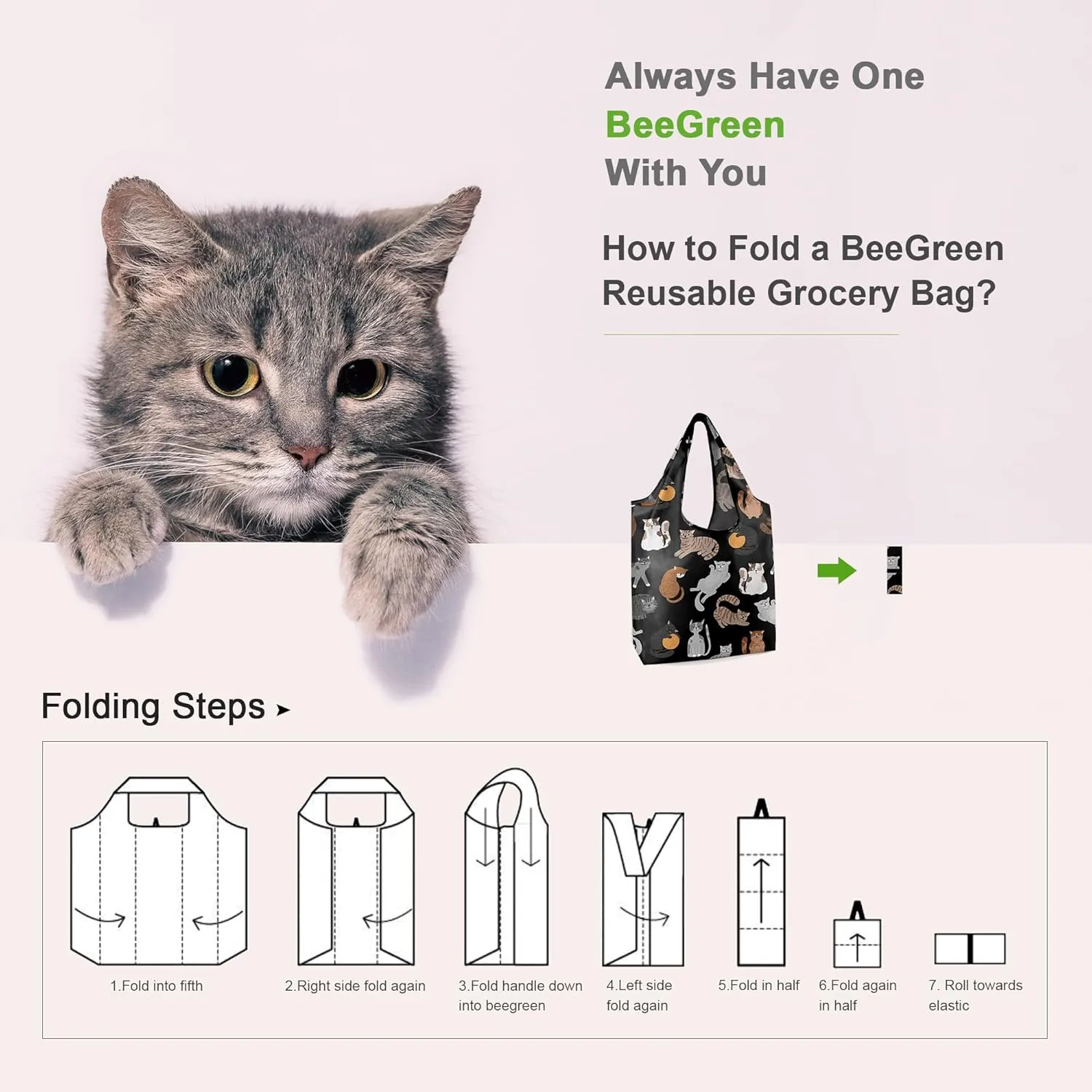 BeeGreen Gifts for Cat Lovers 6 Pack Cats Reusable Grocery Bags with Elastic Band Reusable Shopping Bags Bulk 50LBS X-Large Foldable-Machine Washable-Heavy Duty Kitten Bags