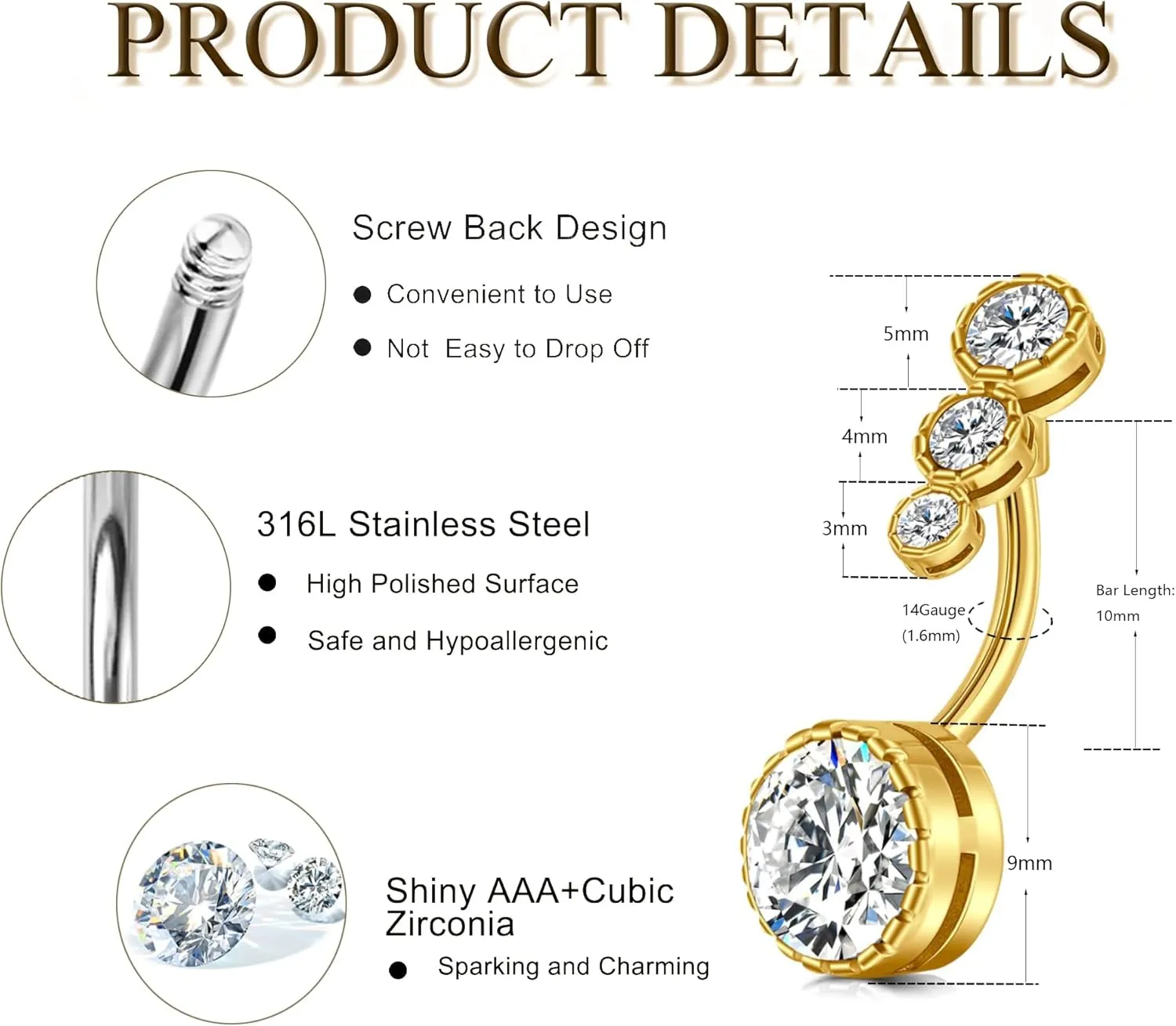 Belly Button Ring Clear Navel Rings Piercing Jewelry For Women Internally Threaded Belly Navel Rings 2pcs Pack Kit 14G