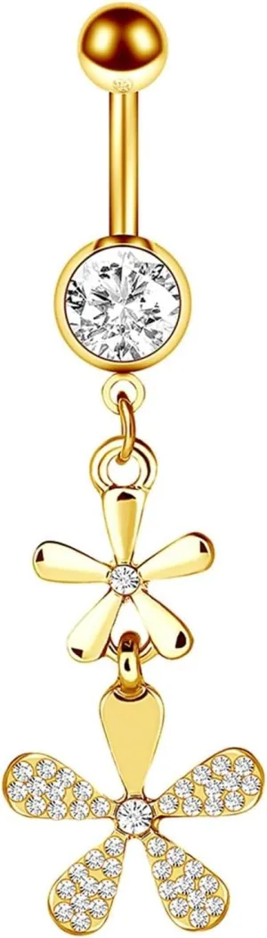 Belly Rings for Women, Navel Ring Sexy Navel Rings Surgical Steel Dangle Flowers Cubic Zirconia Gold Belly Rings for Women