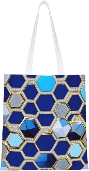 Blue Hexagons And Diamond Print Canvas Tote Bag Reusable Shoulder Shopping Bags For Daily Use Shopping Travel