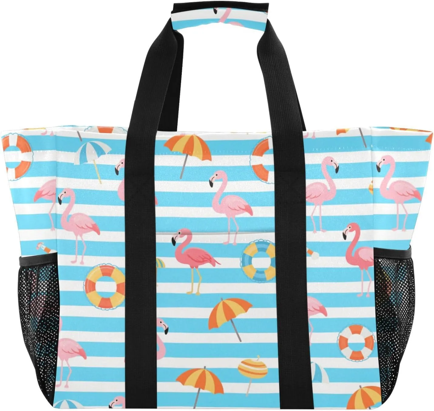 Blue White Striped Summer Flamingo Utility Bag For Trunk Foldable Beach Bag With Compartments Grocery Shopping Totes Canvas Car Totes