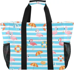 Blue White Striped Summer Flamingo Utility Bag For Trunk Foldable Beach Bag With Compartments Grocery Shopping Totes Canvas Car Totes