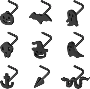 BodyAce 20G Halloween Nose Piercing Jewelry, Stainless Steel Nostril Studs Black Nose Rings, Gothic Bat Screw Nose Stud L Shaped Skull Ring for Women Men