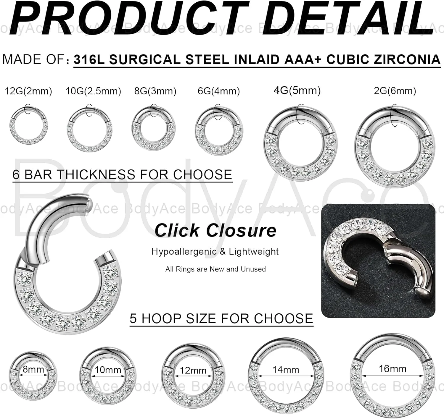 BodyAce CZ Hinged Segment Clicker PA Rings, 2G 4G 6G 8G 10G 12G Large Septum Nose Rings, Surgical Steel Spring Action BCR Ring Ear Gauges Earrings Hoops