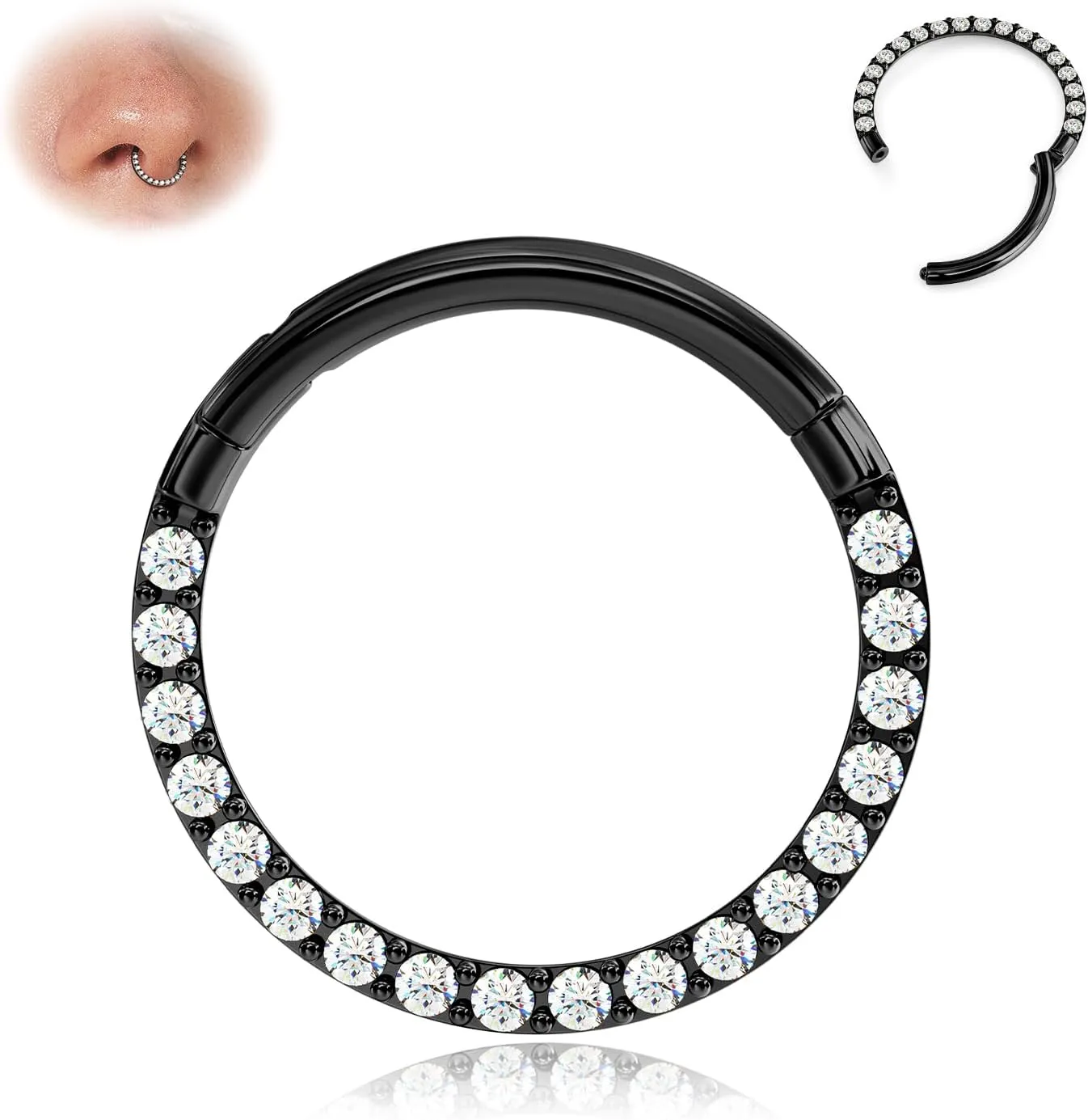 BodyBonita Hinged CZ Septum Rings - 316L Surgical Steel Nose Rings Hoops for Women 20G/18G/16G Cartilage Earrings Conch Piercing Jewelry Helix Rook Tragus Lobe Daith Snug Belly Button Ring 6mm-10mm