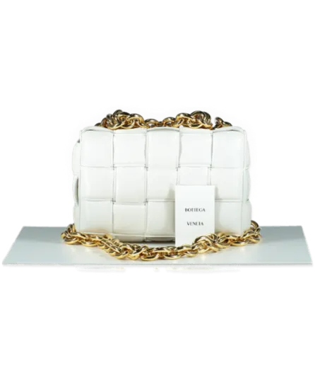 BOTTEGA VENETA White Cassette Chain-embellished Padded Intrecciato Leather Shoulder Bag