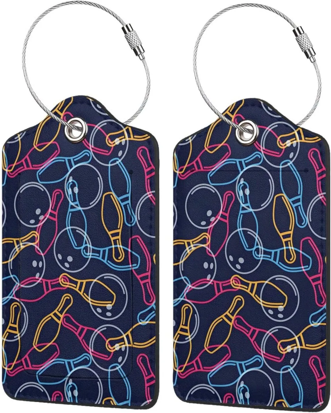 Bowling Sign 2 Pcs Leather Baggage Bag Luggage Tags with Stainless Steel Loop and Travel Bag Cover