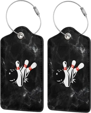 Bowling Sign 2 Pcs Leather Baggage Bag Luggage Tags with Stainless Steel Loop and Travel Bag Cover