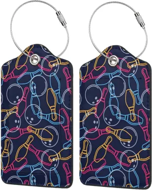 Bowling Sign 2 Pcs Leather Baggage Bag Luggage Tags with Stainless Steel Loop and Travel Bag Cover