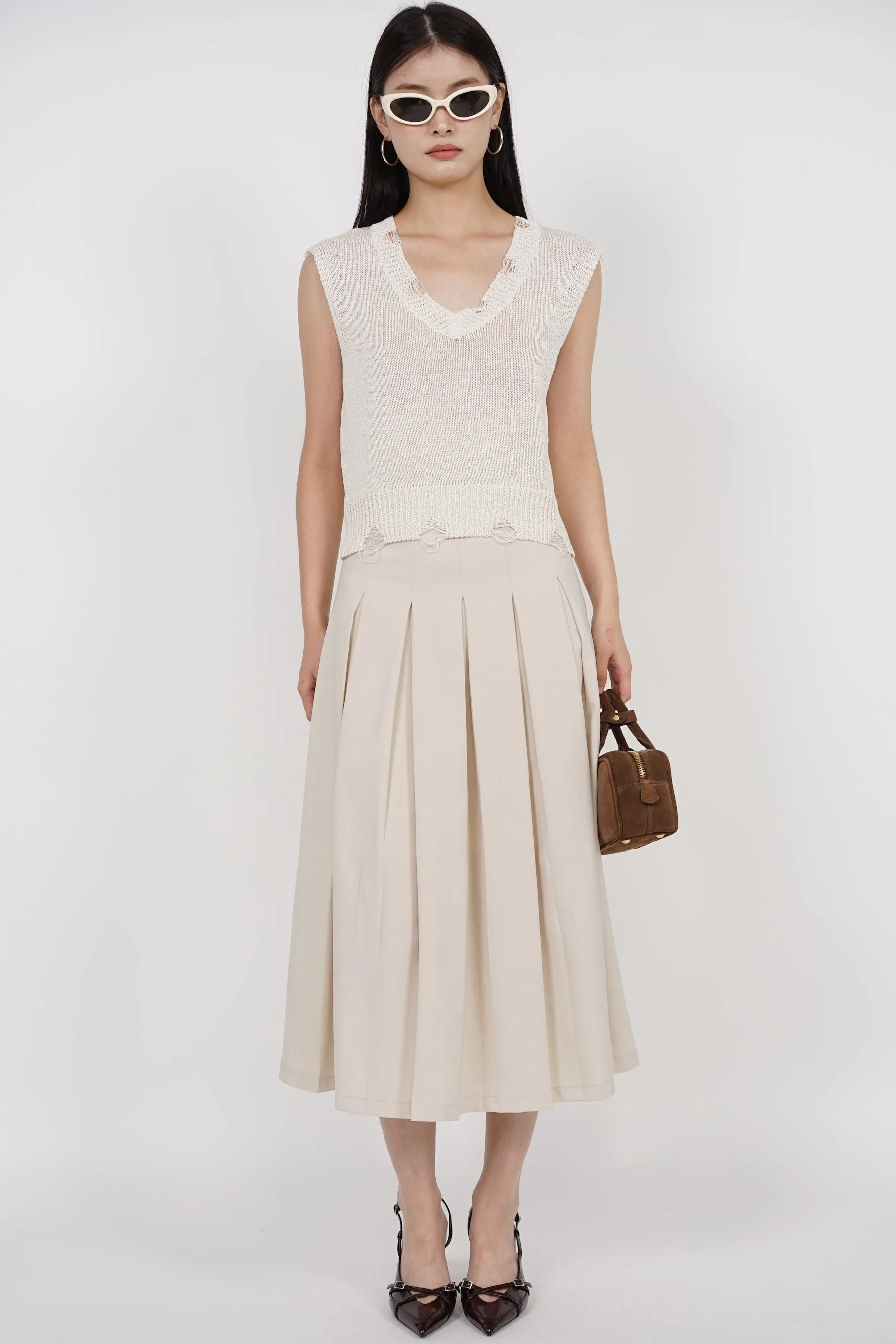 Box Pleated Skirt in Beige