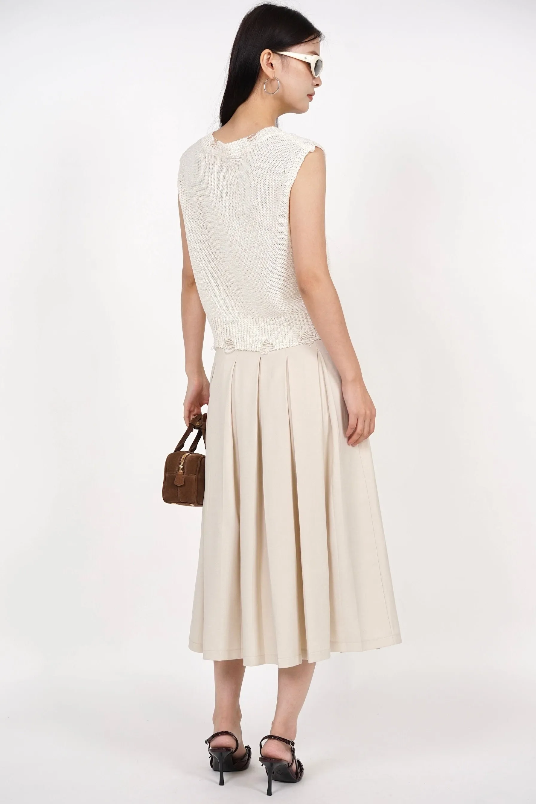 Box Pleated Skirt in Beige