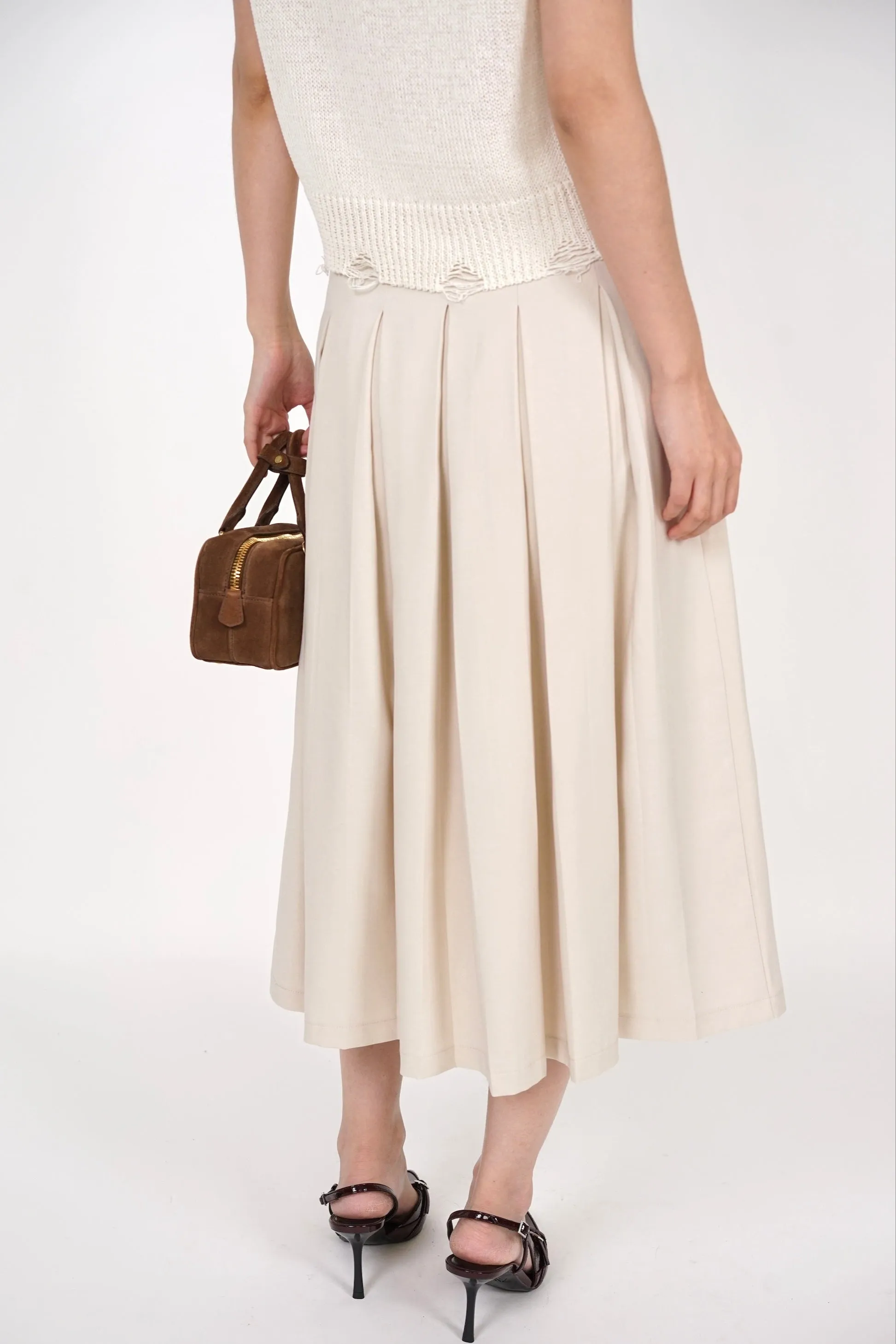 Box Pleated Skirt in Beige