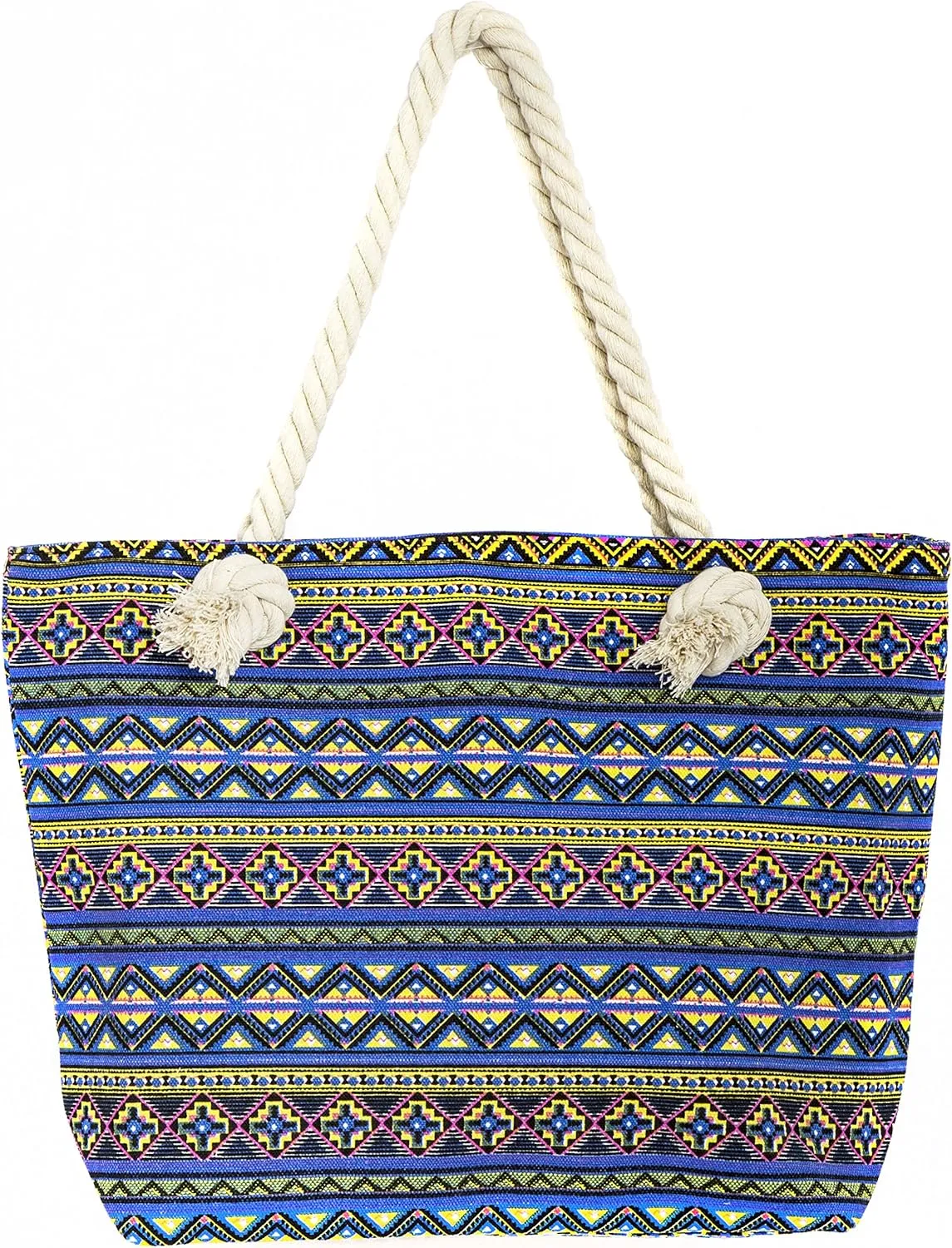 Canvas Tote Beach Bag, Rope Handle Water Resistant Shoulder Bag (L17"xH13"xW4", Aztec Blue)