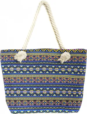 Canvas Tote Beach Bag, Rope Handle Water Resistant Shoulder Bag (L17"xH13"xW4", Aztec Blue)