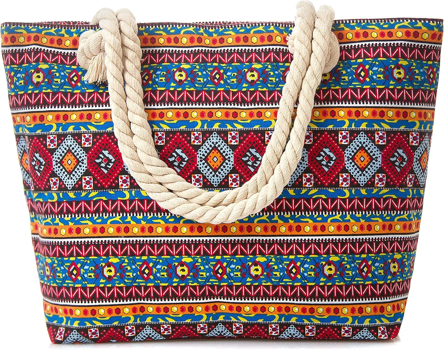 Canvas Tote Beach Bag, Rope Handle Water Resistant Shoulder Bag (L17"xH13"xW4", Aztec Red)