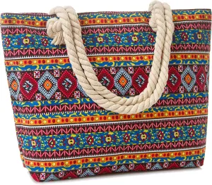 Canvas Tote Beach Bag, Rope Handle Water Resistant Shoulder Bag (L17"xH13"xW4", Aztec Red)