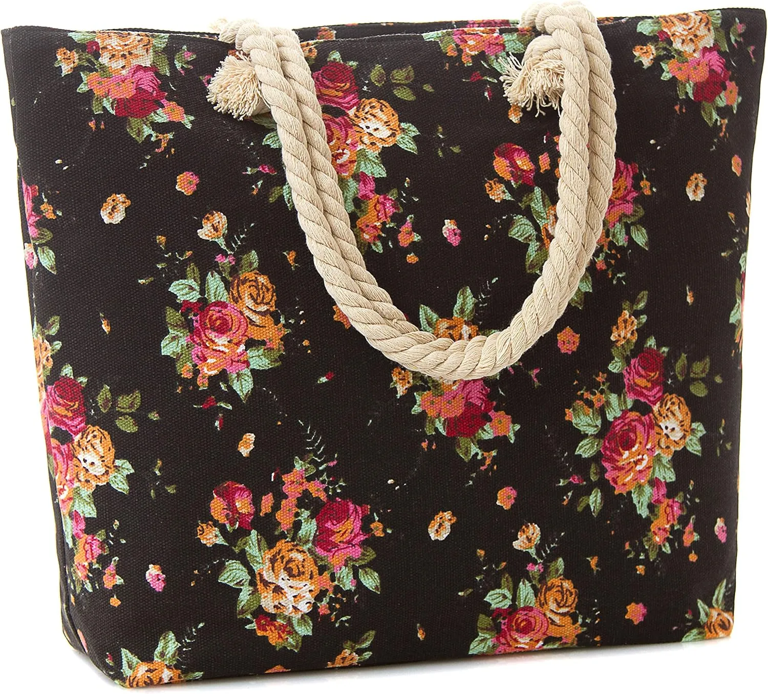 Canvas Tote Beach Bag, Rope Handle Water Resistant Shoulder Bag (L17"xH13"xW4", Black)