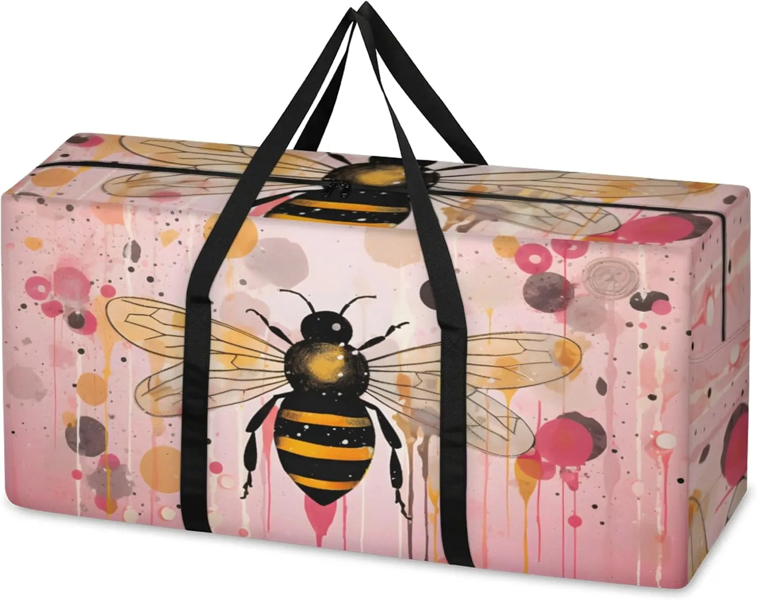 Cartoon Bee Extra Large Moving Bags Heavy Duty Storage Bags Colorful Bee Cloth Wrap Around Handles Double Zipper Reusable Convenient Foldable Storage Tote for Travel Camping Space Save