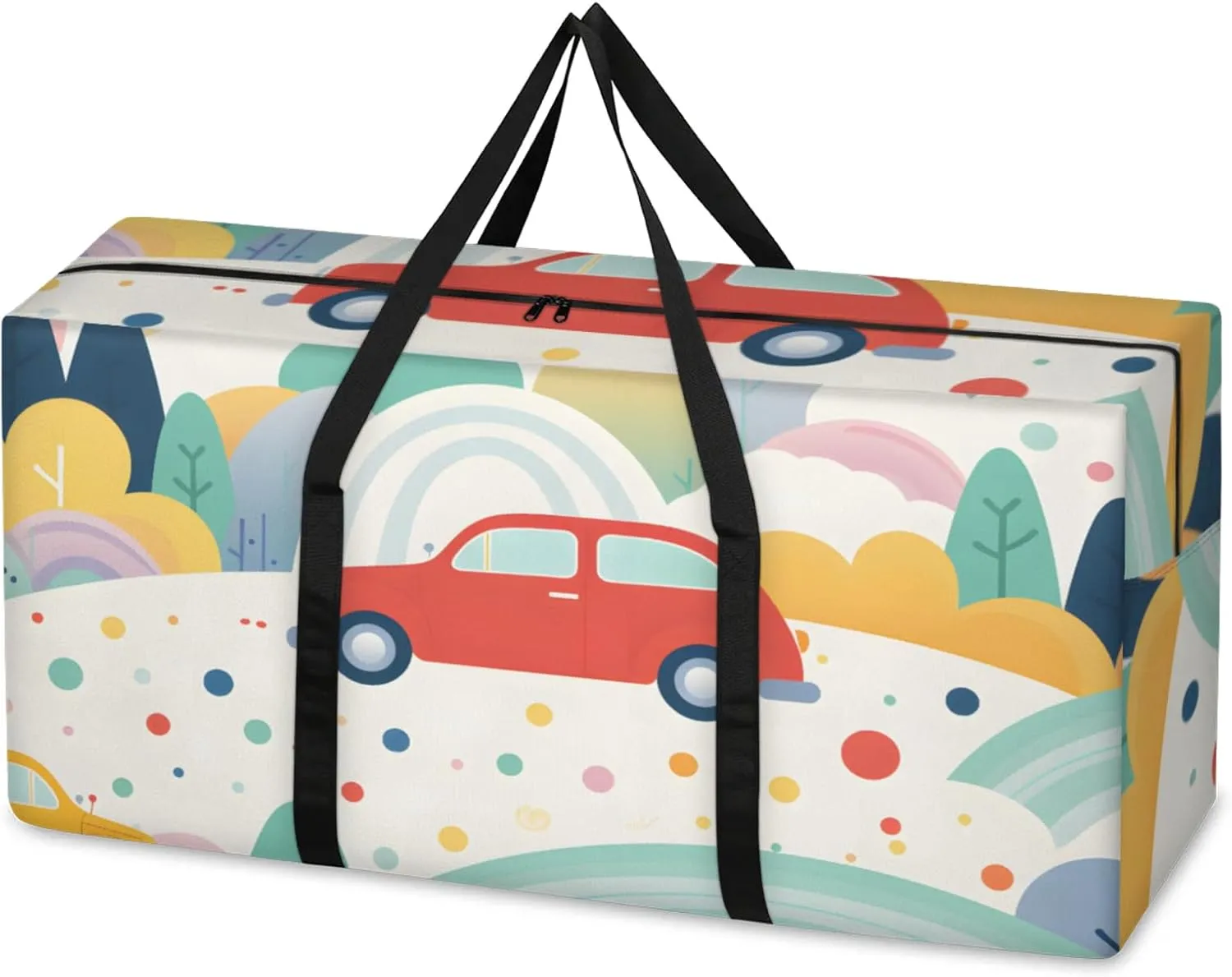 Cartoon Truck Extra Large Moving Bags Heavy Duty Storage Bags Rainbow Cloth Wrap Around Handles Double Zipper Reusable Convenient Foldable Storage Tote for Travel Camping Space Save
