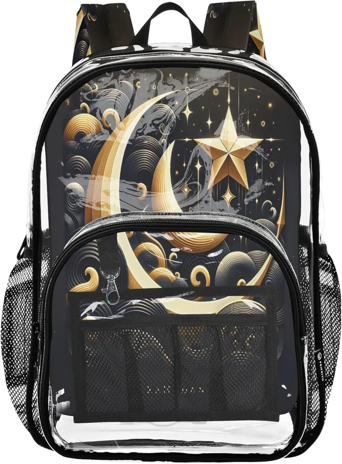 CHIFIGNO Celestial Crescent Waves Gold Kids Travel Bag, Pvc Bag, Clear Backpacks, Girl Backpacks