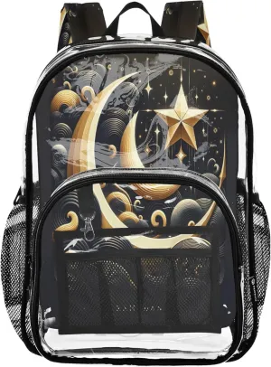 CHIFIGNO Celestial Crescent Waves Gold Kids Travel Bag, Pvc Bag, Clear Backpacks, Girl Backpacks