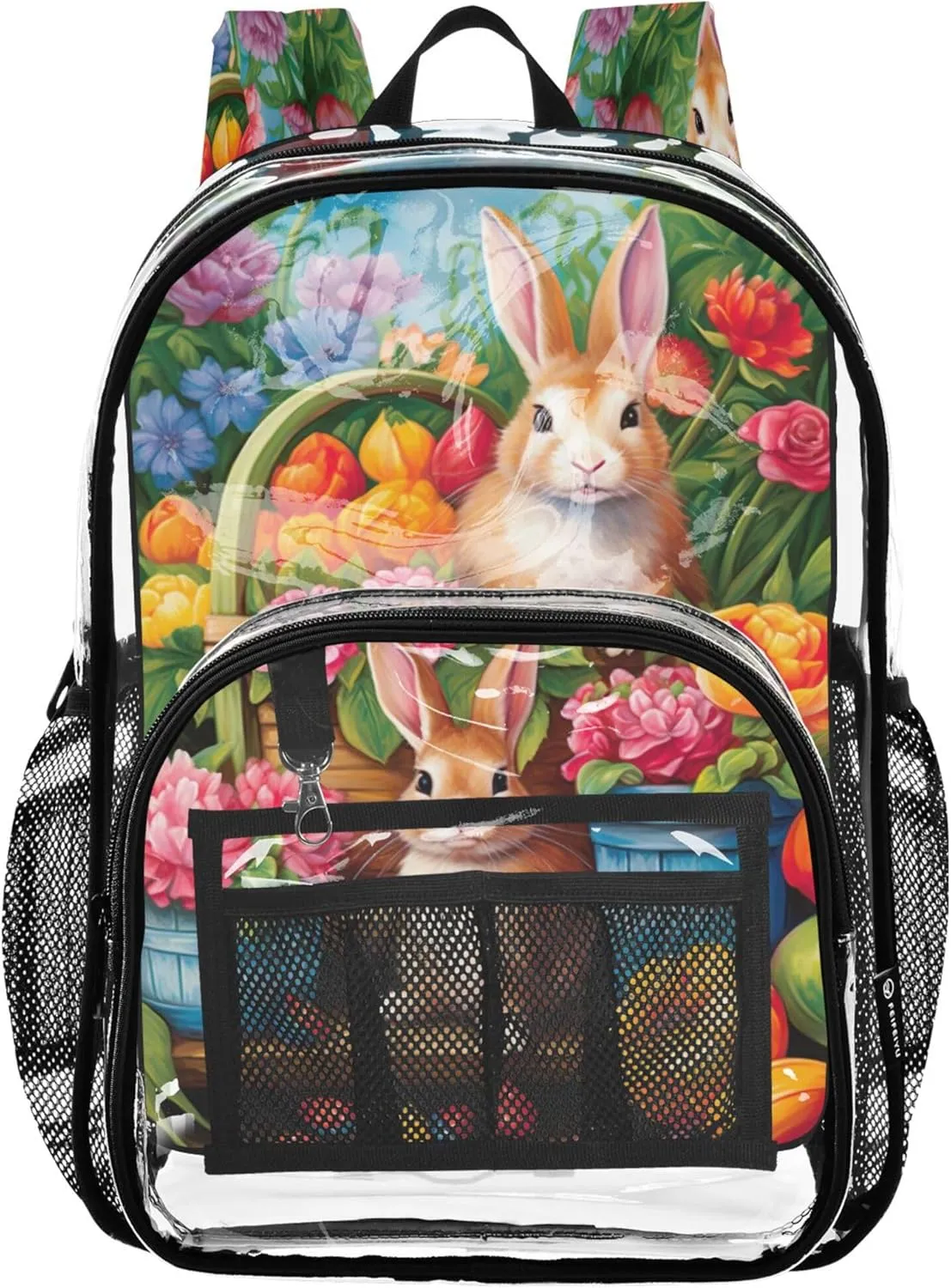 CHIFIGNO Easter Rabbits Flowers Girls School Backpacks, Clear Plastic Bag, Backpack Bag, Clear Backpacks for School