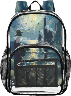 CHIFIGNO Night Fishing Moon Blue Bag for Kids, Transparent Plastic Bag, Clear Bag, Girl Backpacks