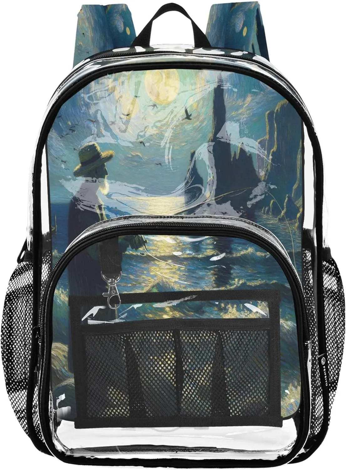 CHIFIGNO Night Fishing Moon Blue Bag for Kids, Transparent Plastic Bag, Clear Bag, Girl Backpacks