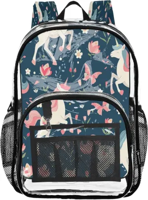 CHIFIGNO Unicorns Flowers Kids Backpacks, Transparent Plastic Bag, Clear Backpack for Boys, Girls Backpacks Ages 8-10