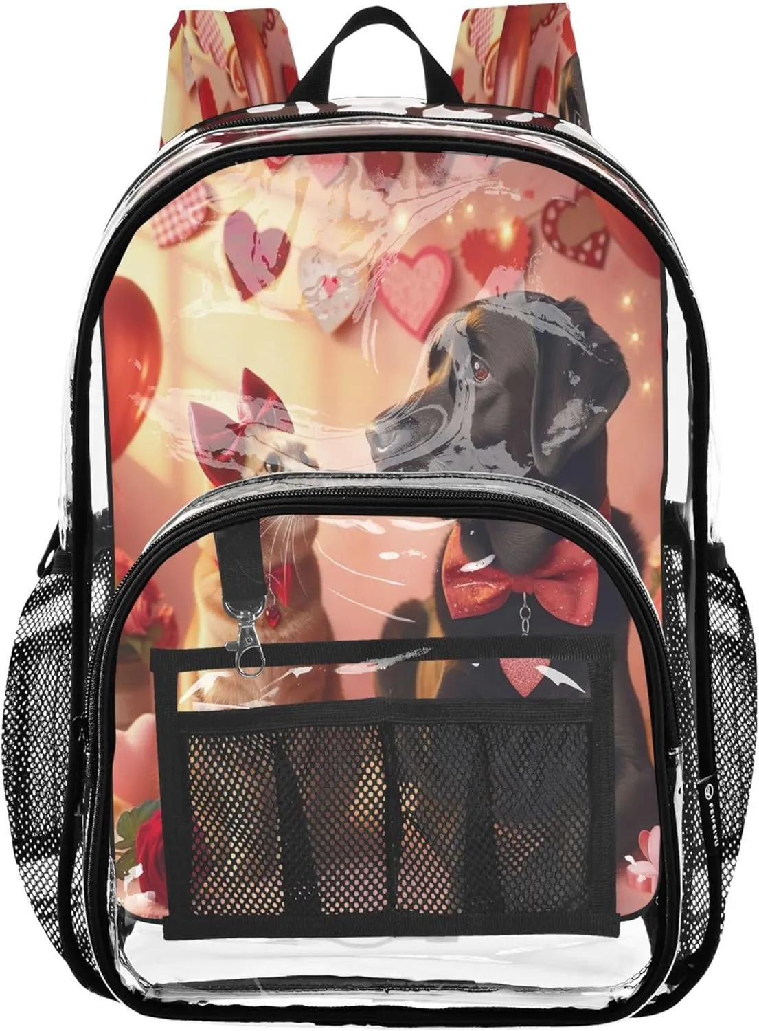 CHIFIGNO Valentines Cat Dog Kids School Backpack, Clear Plastic Bag, Book Bag, Clear Backpack for Girls