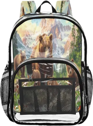 CHIFIGNO Wild Brown Bear Backpack School, Clear Plastic Bag, See through Bag, Clear Backpack for Girls