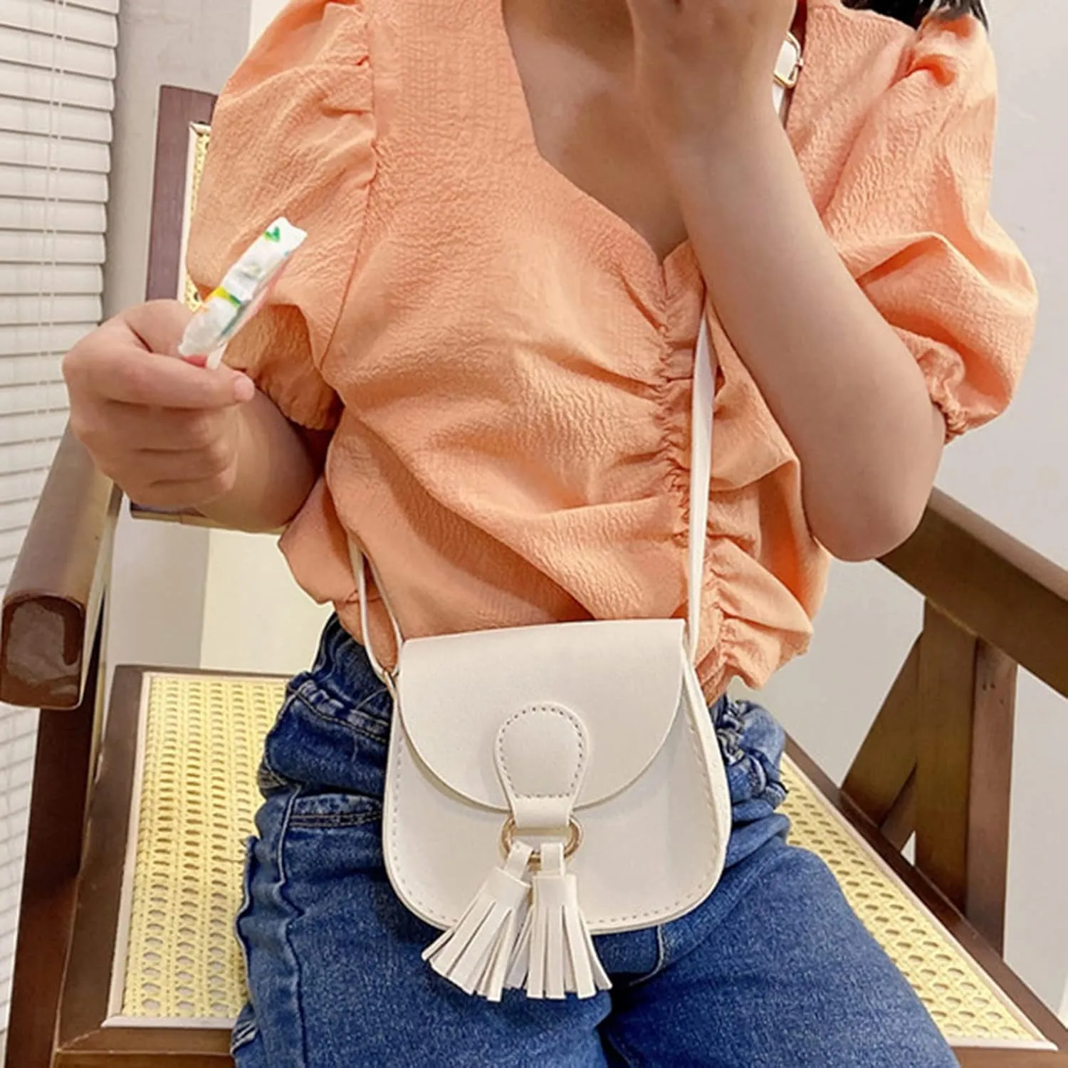 Children Bag Cute Bags Tassel Bag PU Messenger Bag Fashion Shoulder Bag Birthday Gift Small Shoulder (White, One Size)