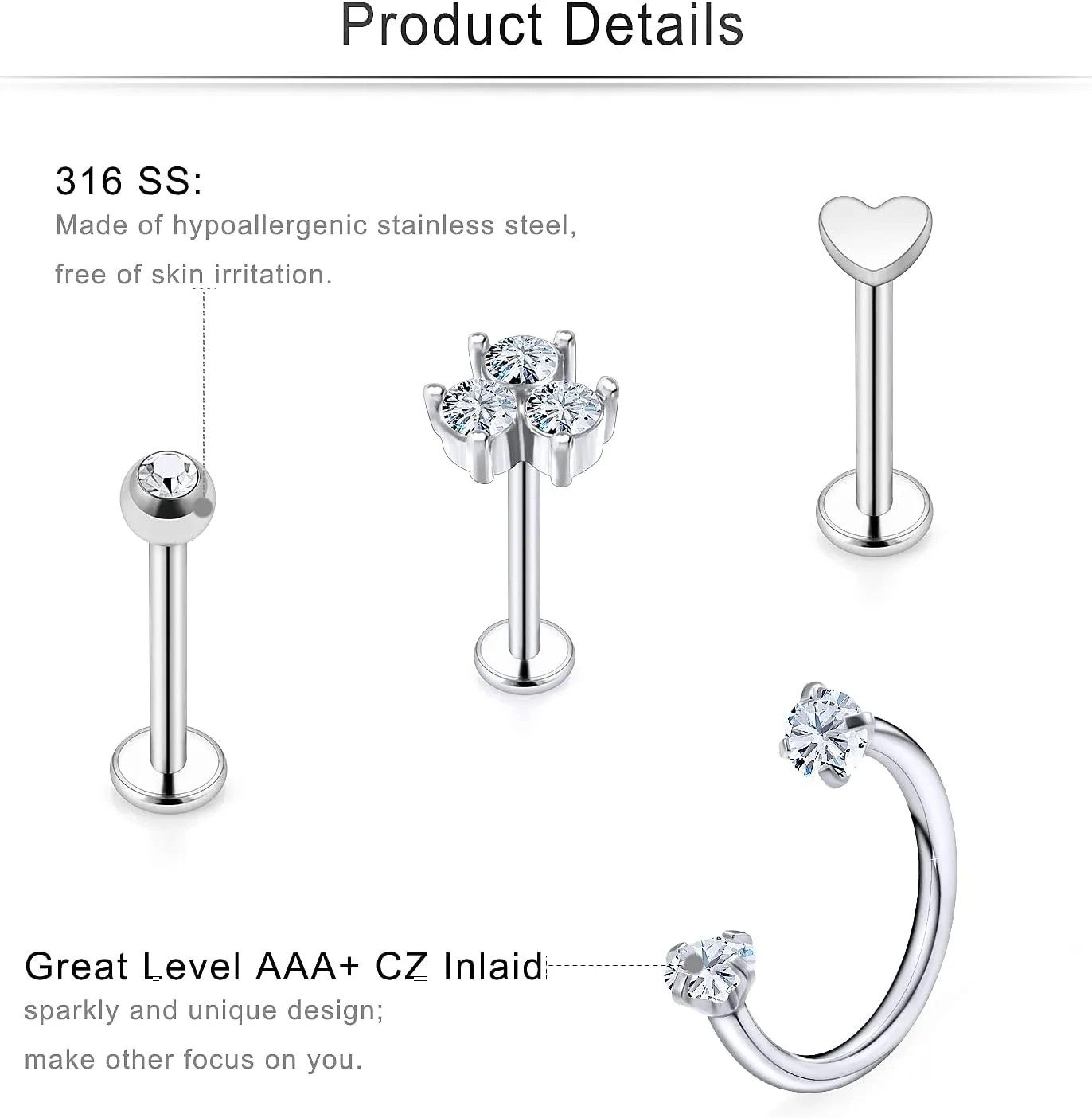 Cisyozi 16G Flower Moon Lip Rings Studs Surgical Steel Clear Diamond CZ Labret Lip Rings Studs Tragus Horseshoe Cartilage Tragus Helix Hoop Earring Body Jewelry Piercing Retainer for Women Men 8mm