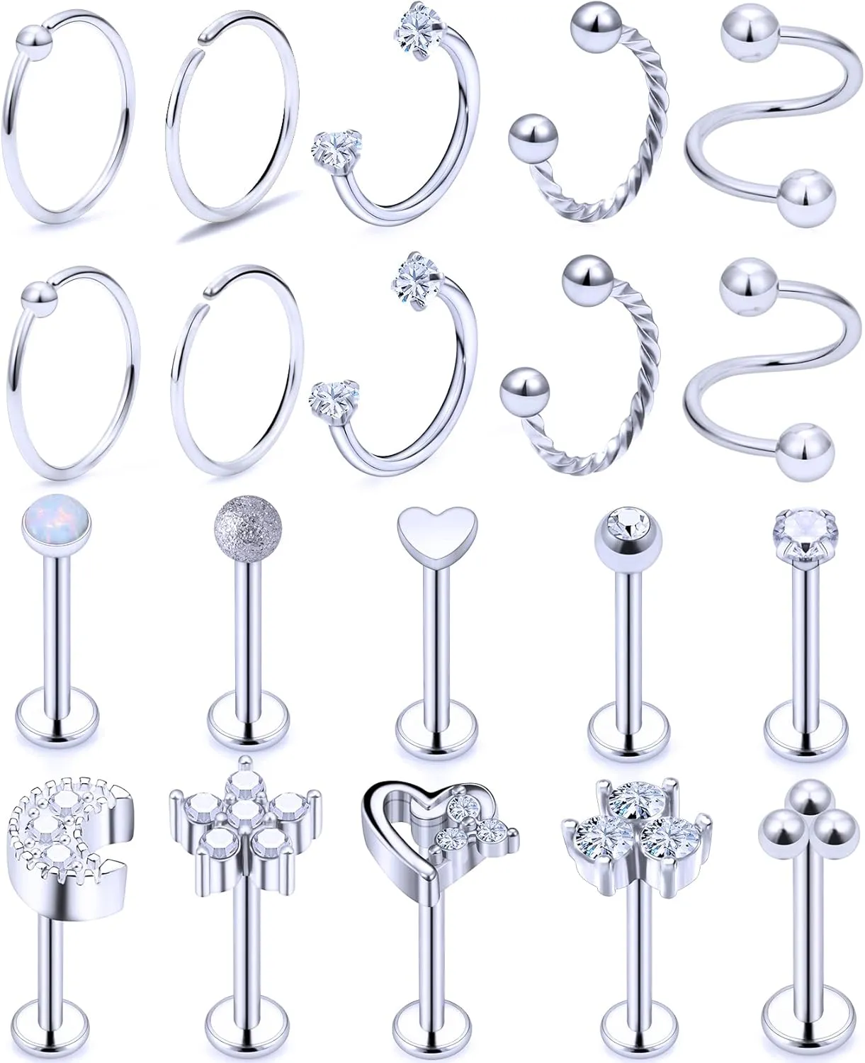 Cisyozi 16G Flower Moon Lip Rings Studs Surgical Steel Clear Diamond CZ Labret Lip Rings Studs Tragus Horseshoe Cartilage Tragus Helix Hoop Earring Body Jewelry Piercing Retainer for Women Men 8mm