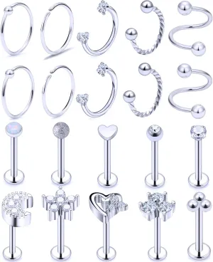 Cisyozi 16G Flower Moon Lip Rings Studs Surgical Steel Clear Diamond CZ Labret Lip Rings Studs Tragus Horseshoe Cartilage Tragus Helix Hoop Earring Body Jewelry Piercing Retainer for Women Men 8mm