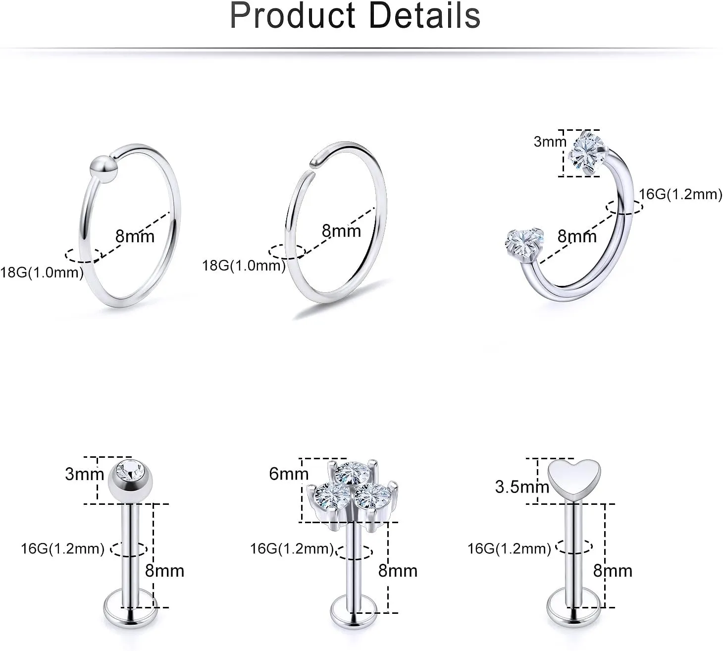 Cisyozi 16G Flower Moon Lip Rings Studs Surgical Steel Clear Diamond CZ Labret Lip Rings Studs Tragus Horseshoe Cartilage Tragus Helix Hoop Earring Body Jewelry Piercing Retainer for Women Men 8mm
