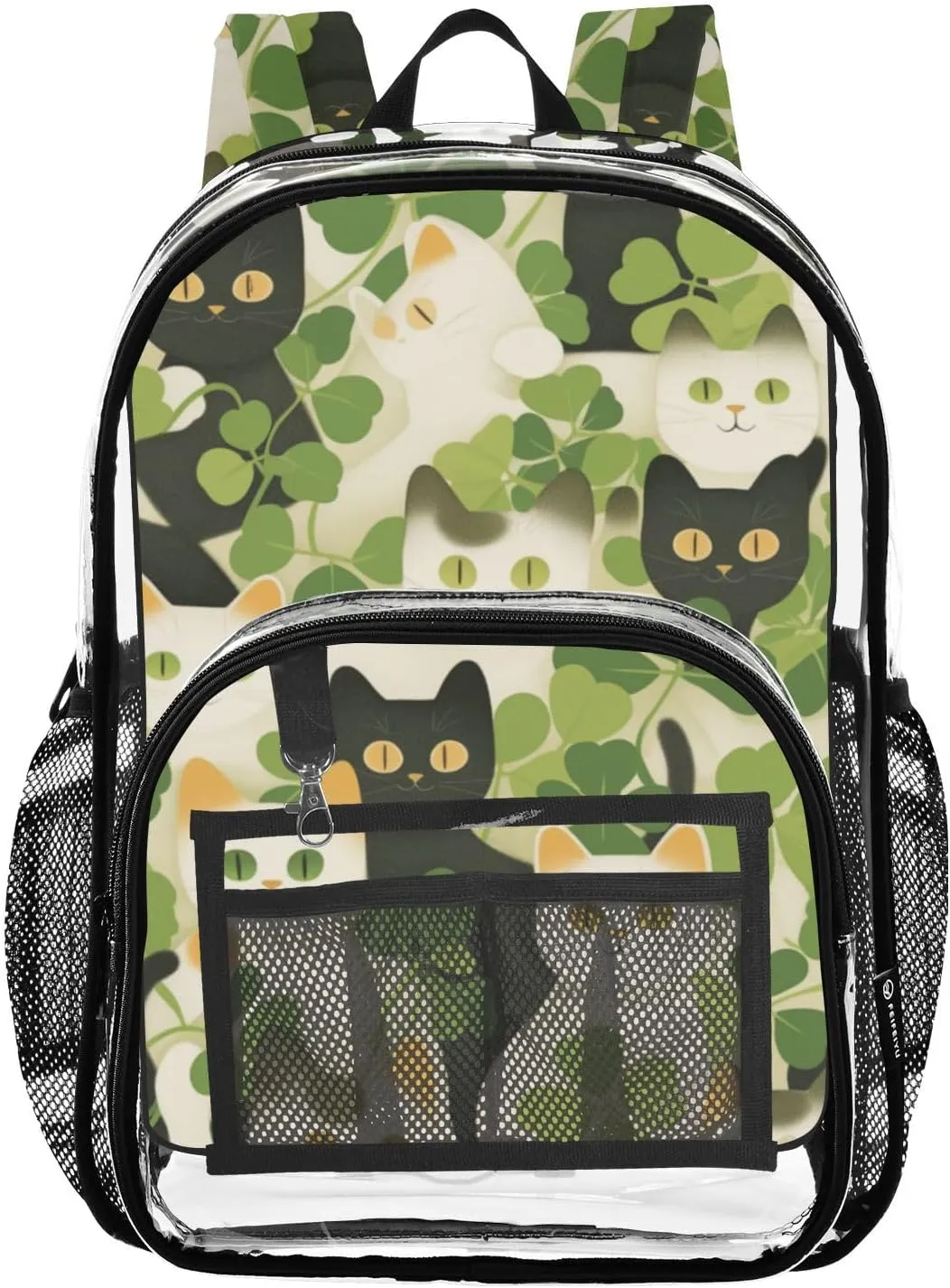 Clear Backpack for Stadium Events School Backpacks Girls Boys heavy duty PVC Waterproof Transparent Plastic Book Bag for Women Work American Shorthair St. Patrick Clover Green