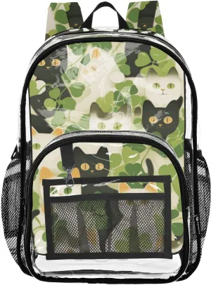 Clear Backpack for Stadium Events School Backpacks Girls Boys heavy duty PVC Waterproof Transparent Plastic Book Bag for Women Work American Shorthair St. Patrick Clover Green