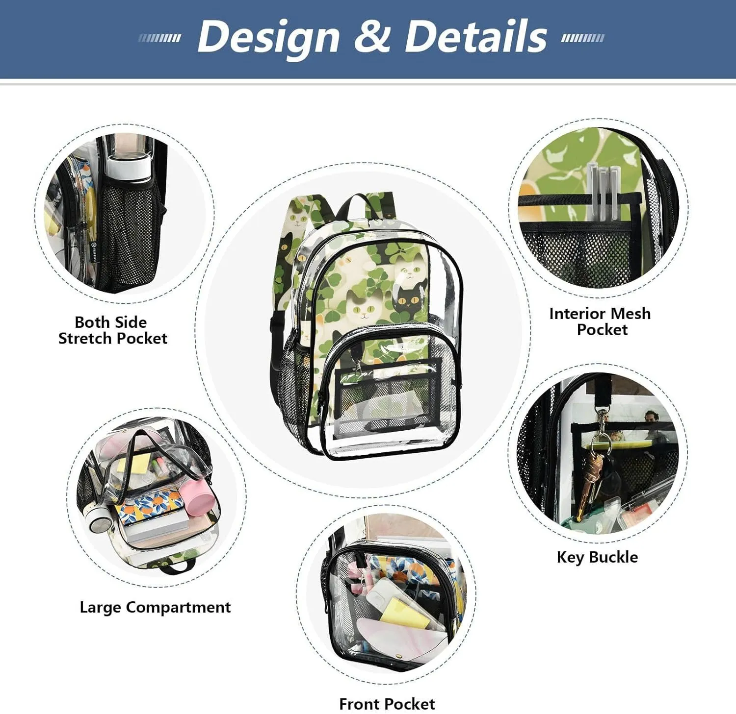 Clear Backpack for Stadium Events School Backpacks Girls Boys heavy duty PVC Waterproof Transparent Plastic Book Bag for Women Work American Shorthair St. Patrick Clover Green