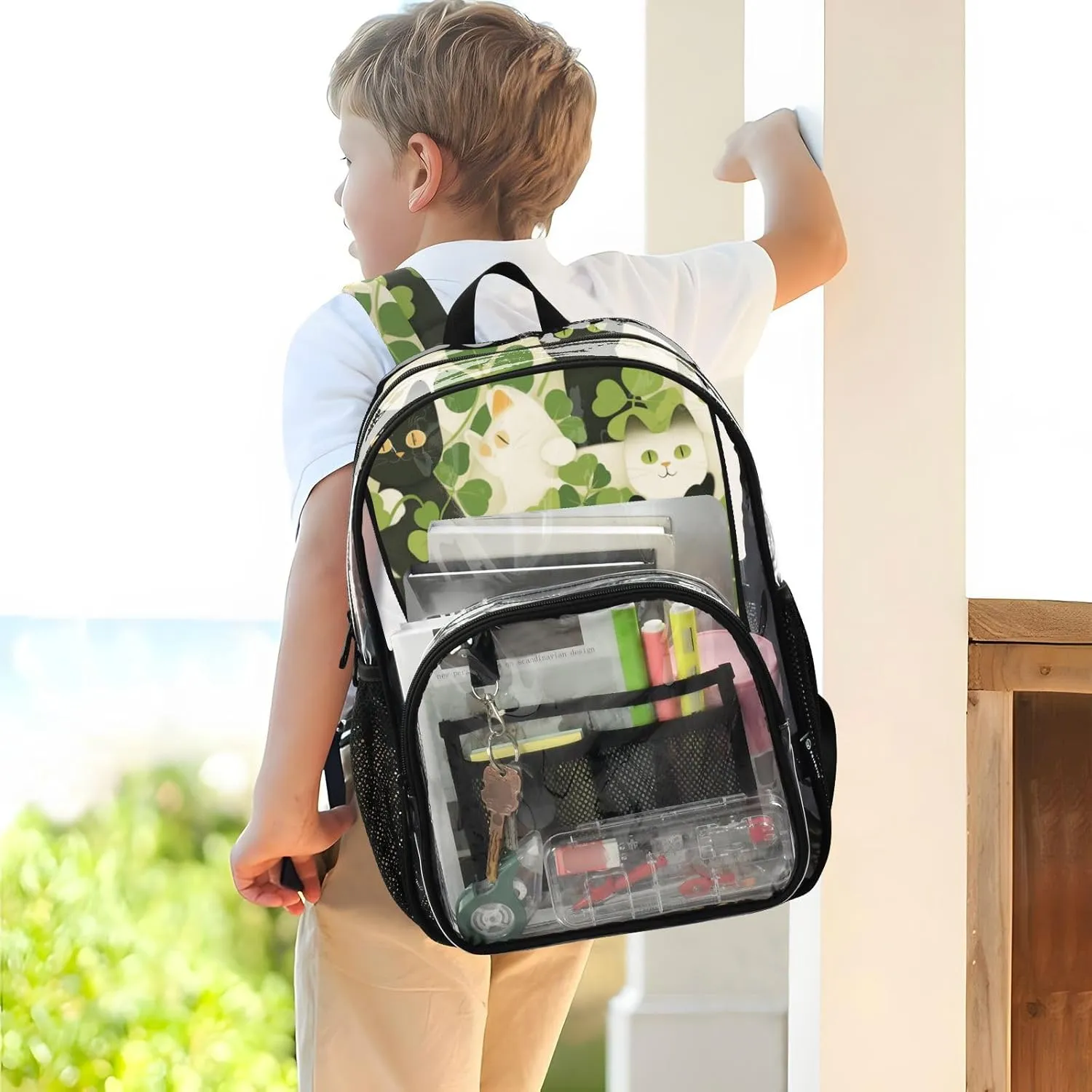 Clear Backpack for Stadium Events School Backpacks Girls Boys heavy duty PVC Waterproof Transparent Plastic Book Bag for Women Work American Shorthair St. Patrick Clover Green