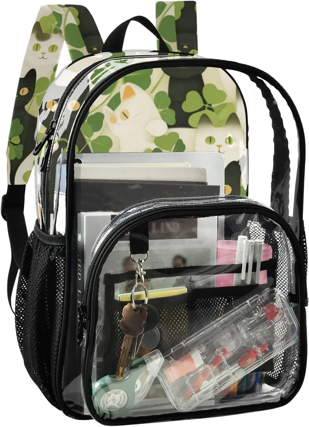 Clear Backpack for Stadium Events School Backpacks Girls Boys heavy duty PVC Waterproof Transparent Plastic Book Bag for Women Work American Shorthair St. Patrick Clover Green