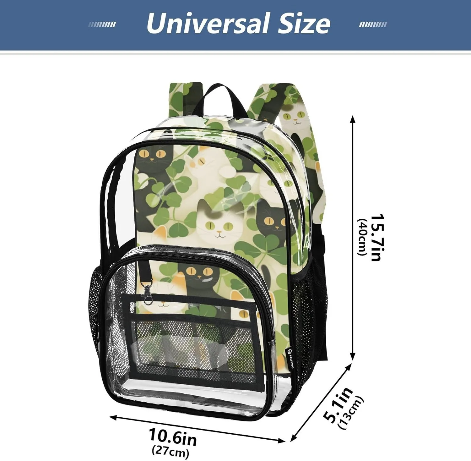 Clear Backpack for Stadium Events School Backpacks Girls Boys heavy duty PVC Waterproof Transparent Plastic Book Bag for Women Work American Shorthair St. Patrick Clover Green