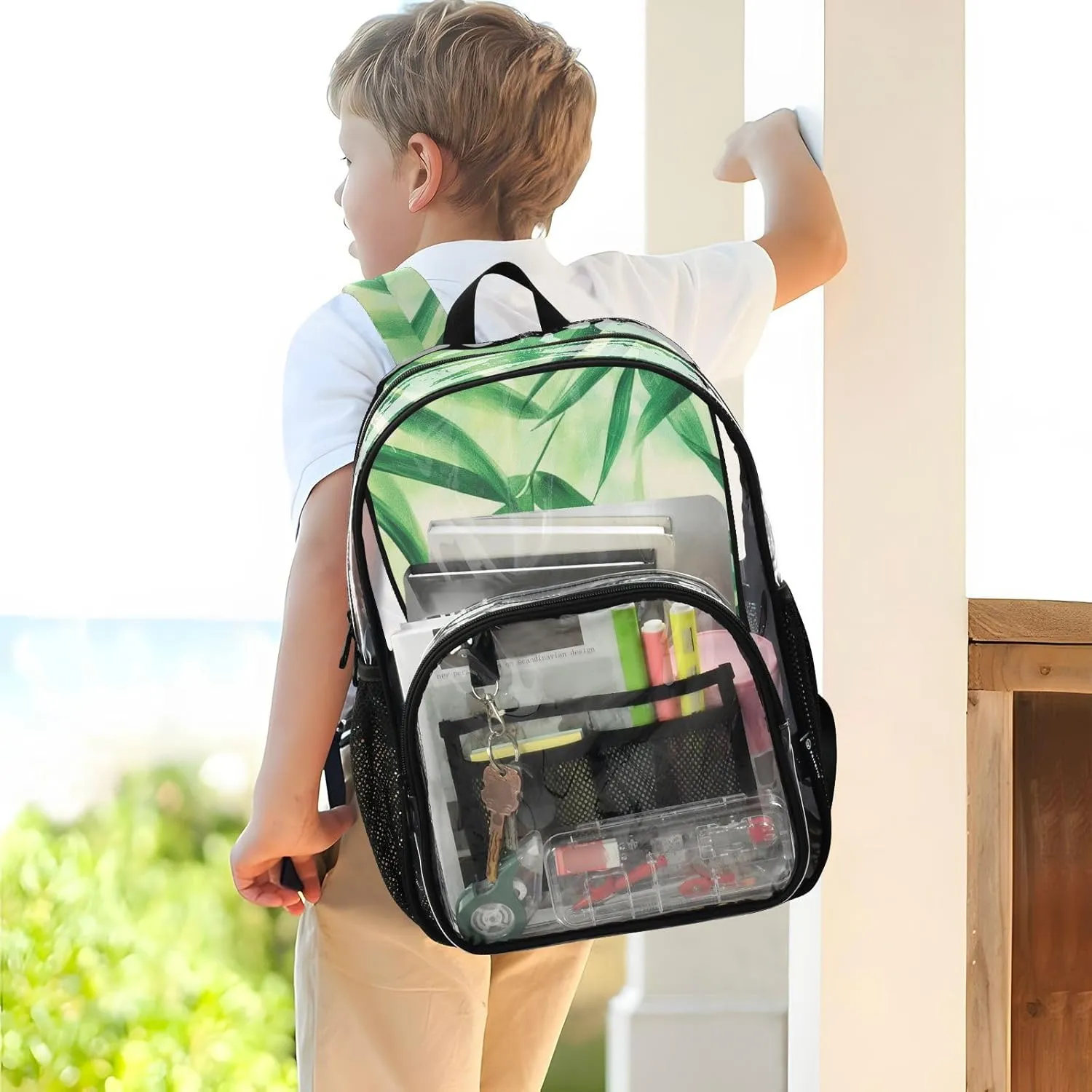 Clear Backpack for Stadium Events School Backpacks Girls Boys heavy duty PVC Waterproof Transparent Plastic Book Bag for Women Work Bamboo