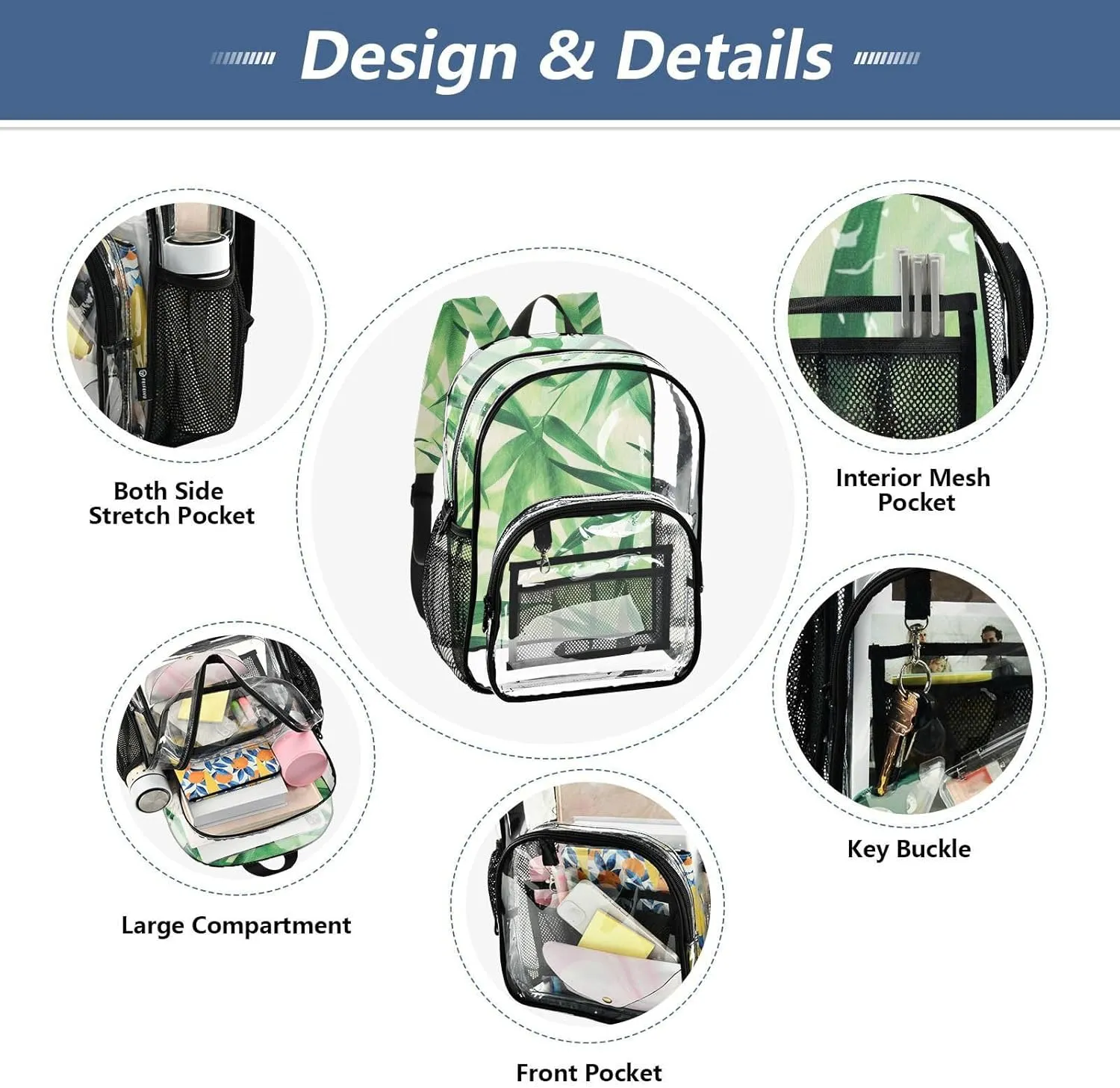 Clear Backpack for Stadium Events School Backpacks Girls Boys heavy duty PVC Waterproof Transparent Plastic Book Bag for Women Work Bamboo