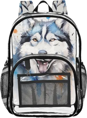 Clear Bag for Women Travel Boys Backpacks for Girls Plastic School Clear Bookbag Watercolor Painting Alaskan Dog