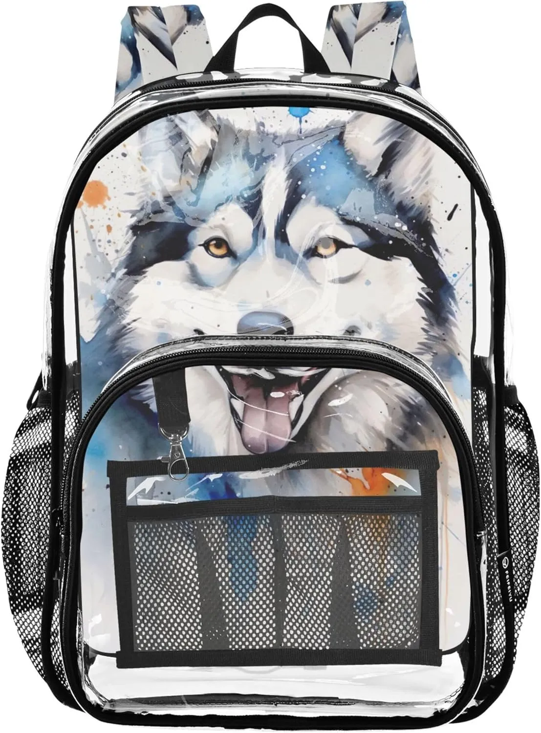 Clear Bag for Women Travel Boys Backpacks for Girls Plastic School Clear Bookbag Watercolor Painting Alaskan Dog