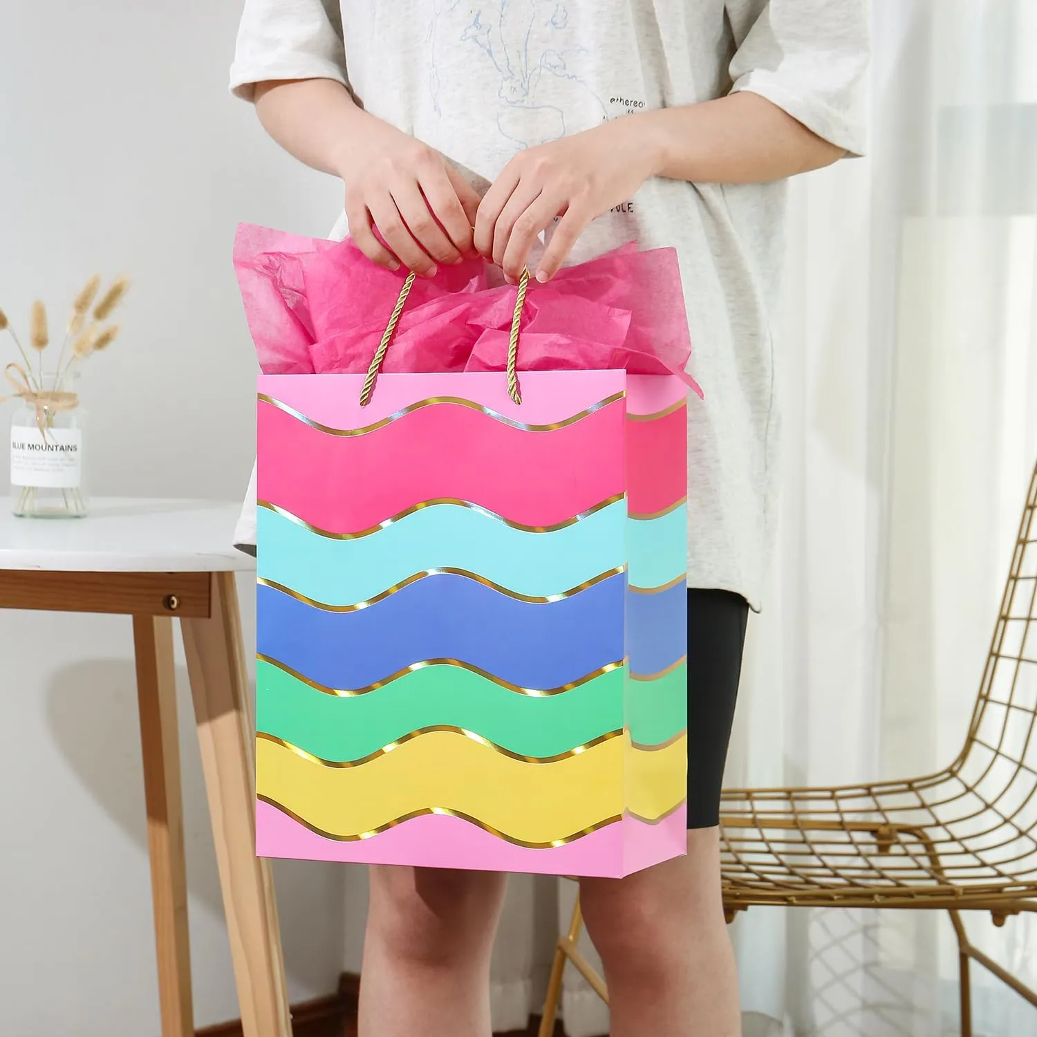 Cmecial 12.6" Paper Gift Bags with Tissue Paper, Extra Large Gift Bags with Handles, Birthday Rainbow Bag Large Size, Medium Birthday Bags Wrap Bag for Kids