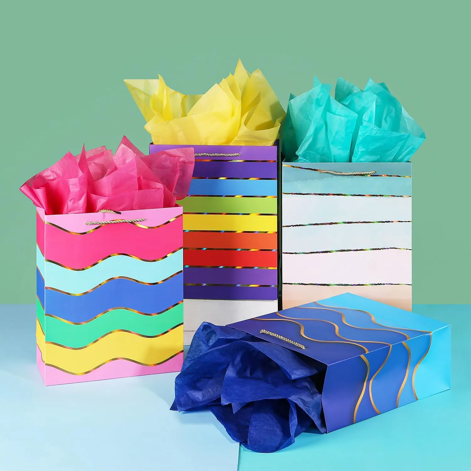 Cmecial 12.6" Paper Gift Bags with Tissue Paper, Extra Large Gift Bags with Handles, Birthday Rainbow Bag Large Size, Medium Birthday Bags Wrap Bag for Kids
