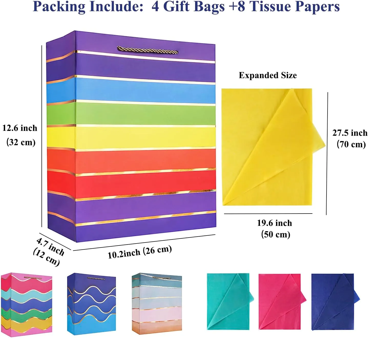 Cmecial 12.6" Paper Gift Bags with Tissue Paper, Extra Large Gift Bags with Handles, Birthday Rainbow Bag Large Size, Medium Birthday Bags Wrap Bag for Kids